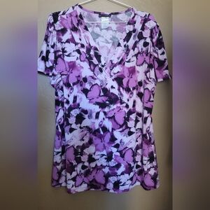 JMS Easy Dressing Just My Size Purple and Black Floral Butterfly 2XL Blouse